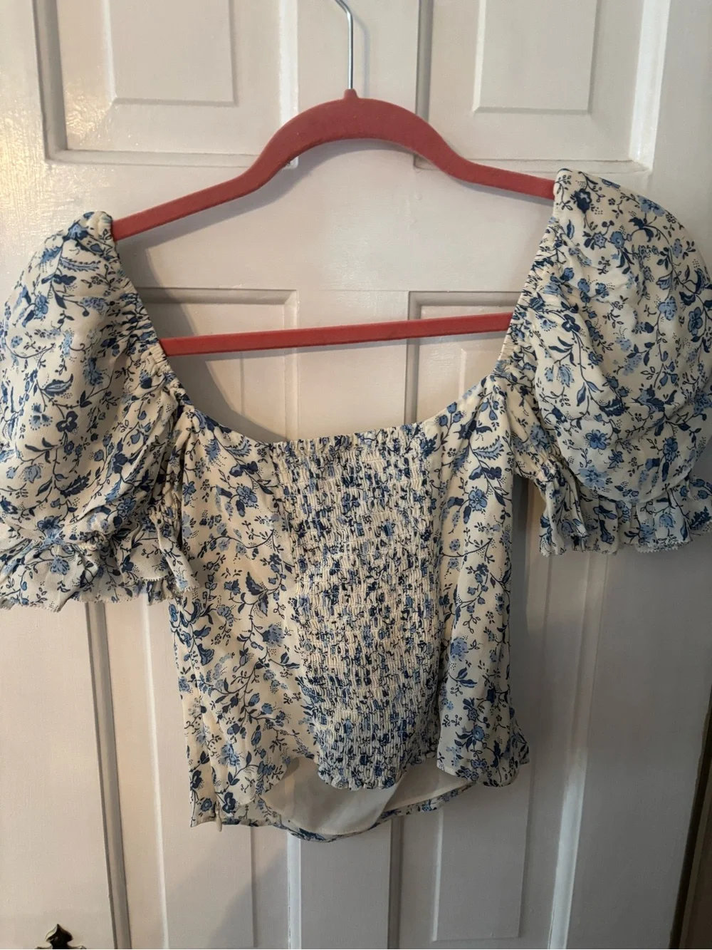 Reformation Cream Blouse with Blue Floral Puff Sleeves